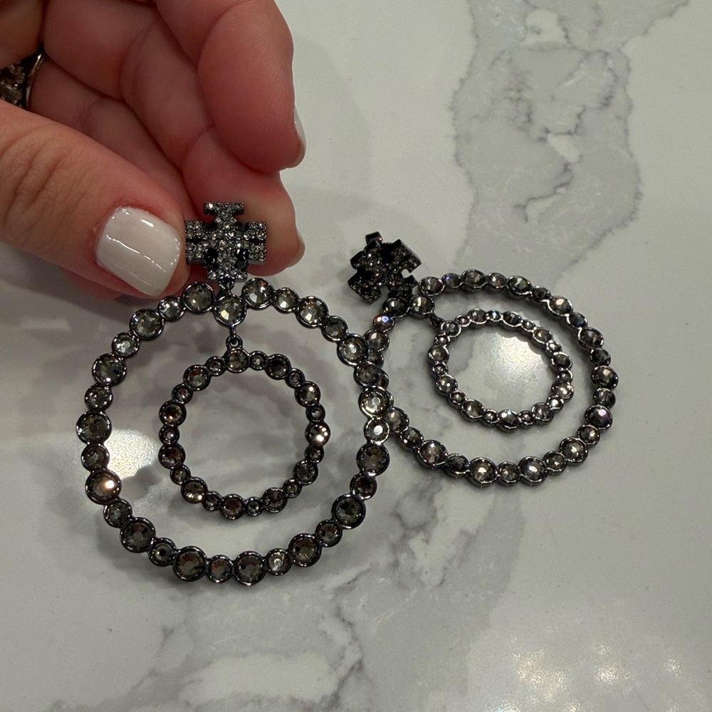 Tory Burch Silver Crystal Hoop Earrings